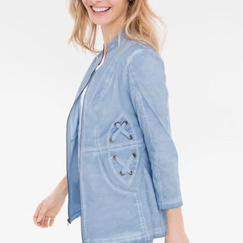Chico's blue garment dyed 3/4 sleeve lace up detail jacket size 1 Medium 8